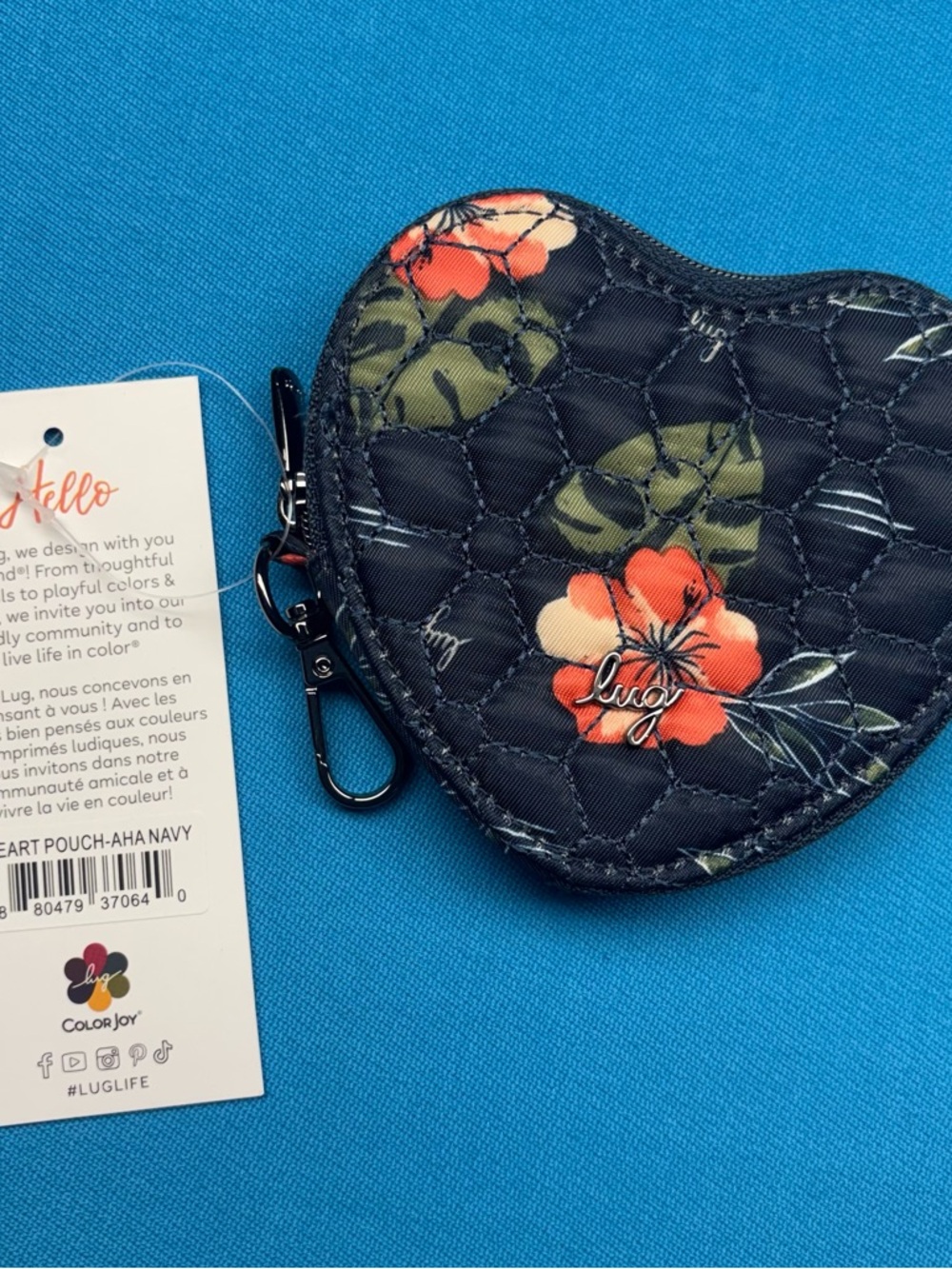 NWT Lug HEART POUCH in ALOHA NAVY & Orange Quilted Floral Flowers Key Coin Purse
